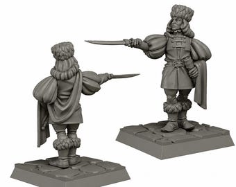 May include: Two gray miniature figurines of a person in historical attire, holding a dagger. The figures are on square bases with a cobblestone texture. The person is wearing a fur hat, puffy sleeves, and fur-trimmed boots.