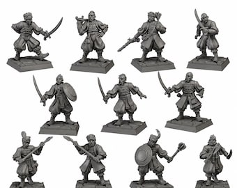 May include: A collection of unpainted miniature figurines of historical soldiers, each posed with a weapon or shield. The figures are in various stances, holding swords, spears, and other tools. The miniatures are on square bases.