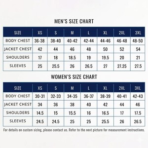 May include: A size chart for men's and women's clothing. The men's chart includes sizes XS to 3XL, with measurements for body chest, jacket chest, shoulders, and sleeves in inches. The women's chart also includes sizes XS to 3XL, with similar measurements.
