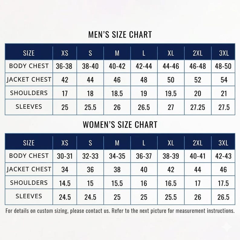 May include: A size chart for men's and women's clothing. The men's chart includes sizes XS to 3XL, with measurements for body chest, jacket chest, shoulders, and sleeves in inches. The women's chart also includes sizes XS to 3XL, with similar measurements.