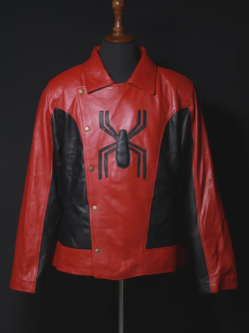 May include: A red and black leather jacket with a large black spider emblem on the chest. The jacket features a collared neckline, snap closures, and black panels on the sides. The jacket is displayed on a mannequin.