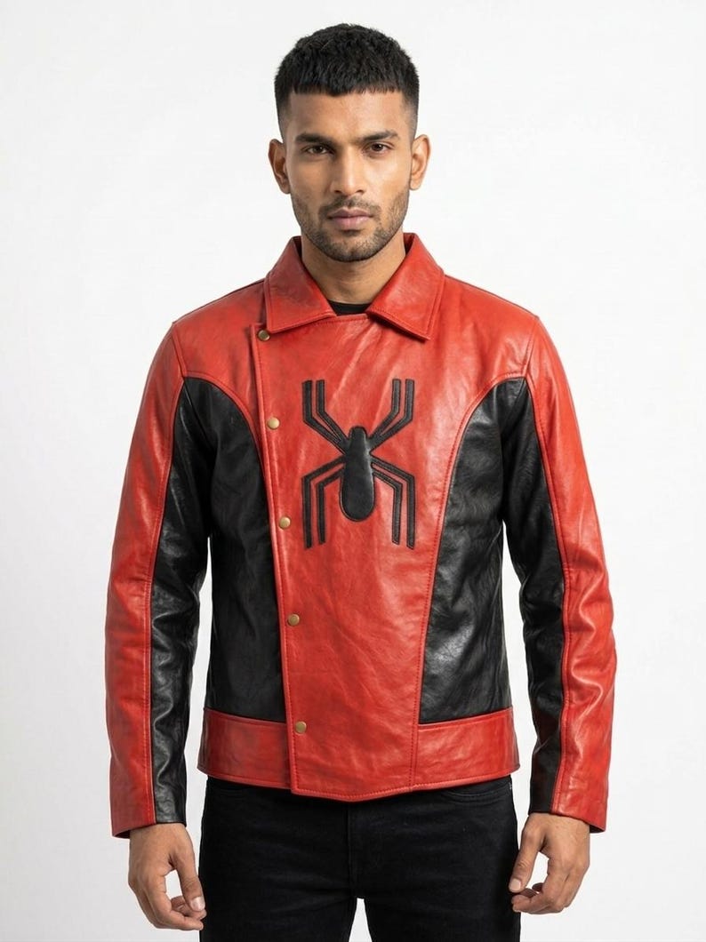 May include: Red and black leather jacket with a spider emblem. The jacket features a red body with black panels on the sides and sleeves. The spider emblem is prominently displayed on the chest. The jacket has a button closure and a collared neckline.