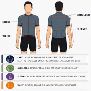 K&ouml;nnte beinhalten: Eine Gr&ouml;&szlig;entabelle mit Vorder- und R&uuml;ckansicht einer Figur in einem grauen kurz&auml;rmeligen Radtrikot und schwarzer Hose. Rote Linien markieren die Messpunkte f&uuml;r Brust, Taille, Schulter und &Auml;rmel mit entsprechenden Textbeschriftungen.