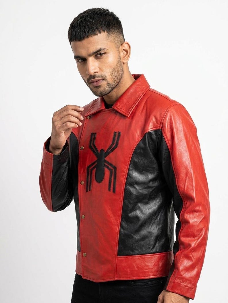May include: Red and black leather jacket with a black spider emblem on the chest. The jacket has a collared neckline and button closure. The sleeves are long and the jacket appears to be made of genuine leather.