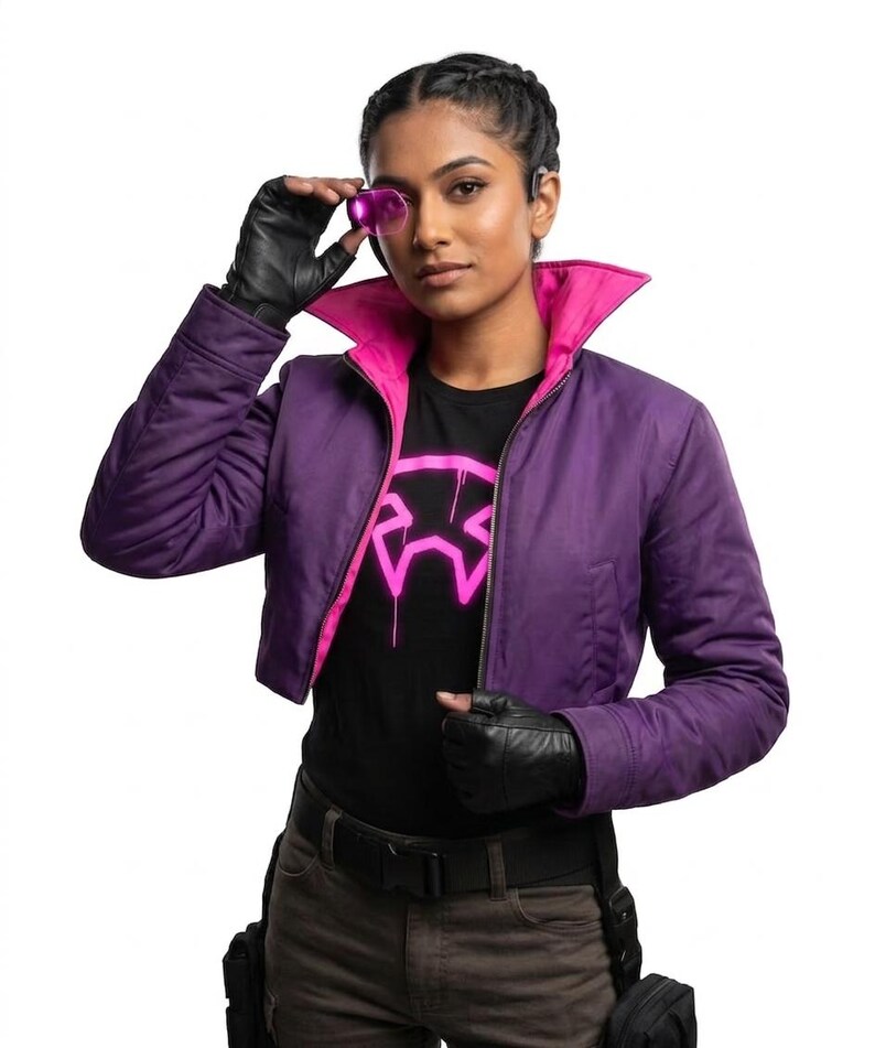 May include: A cropped purple jacket with a bright pink interior lining and collar, worn over a black t-shirt featuring a neon pink graphic design. The outfit includes black fingerless gloves, a black belt, and dark gray pants with utility pouches.