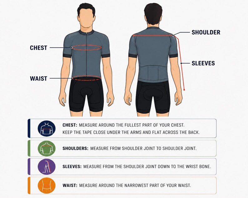 May include: A sizing guide illustration featuring a front and back view of a figure wearing a grey short-sleeve cycling jersey and black shorts. Red lines indicate measurement points for chest, waist, shoulder, and sleeves with text labels.