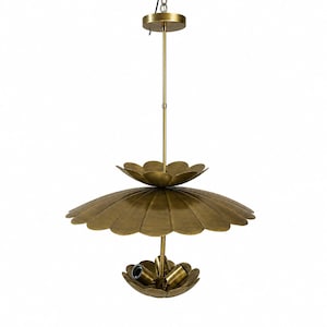 May include: A brass pendant light fixture featuring a central vertical rod, a large scalloped petal-shaped shade, and a smaller matching petal-shaped base housing multiple light bulb sockets, suspended from a circular ceiling canopy.
