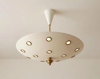 Mid Century Modern UFO Chandelier - Brass Pendant Light - Handmade Vintage Gold Ceiling Lamp - Large Minimalist Floating Disk Light