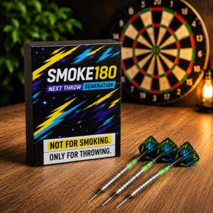 Könnte beinhalten: Eine schwarze Dartpfeilbox mit dem Text "SMOKE180 NEXT THROW GENERATION" und "NOT FOR SMOKING. ONLY FOR THROWING." wird auf einer Holzoberfläche angezeigt. Drei Darts mit grünen und blauen Flights liegen neben der Box. Eine Dartscheibe ist im Hintergrund.