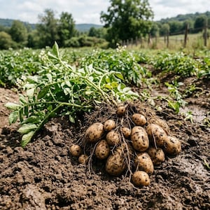 Könnte beinhalten: Eine frisch geerntete Kartoffelpflanze mit grünen Blättern und weißen Blüten, die eine Ansammlung von hellbraunen, erdbedeckten Kartoffeln mit sichtbaren Augen und Wurzeln auf dem dunklen, gepflügten Boden eines Feldes zeigt.