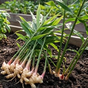 May include: Fresh ginger plants with green stalks and leaves, and beige rhizomes with pink tips, are shown growing in dark soil. The ginger is in a garden setting, with other plants visible in the background.