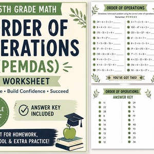 May include: A printable PDF worksheet for 5th grade math, focusing on the order of operations (PEMDAS). The design includes the title, instructions, and answer key. The worksheet is designed to build confidence and is perfect for homework and extra practice.