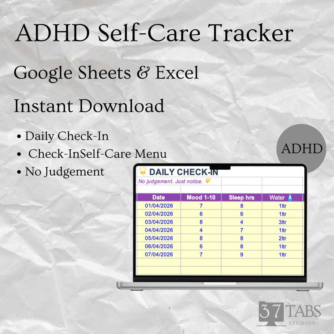 ADHD Self Care Tracker Google Sheets, Daily Mood Tracker, Sleep Water ...