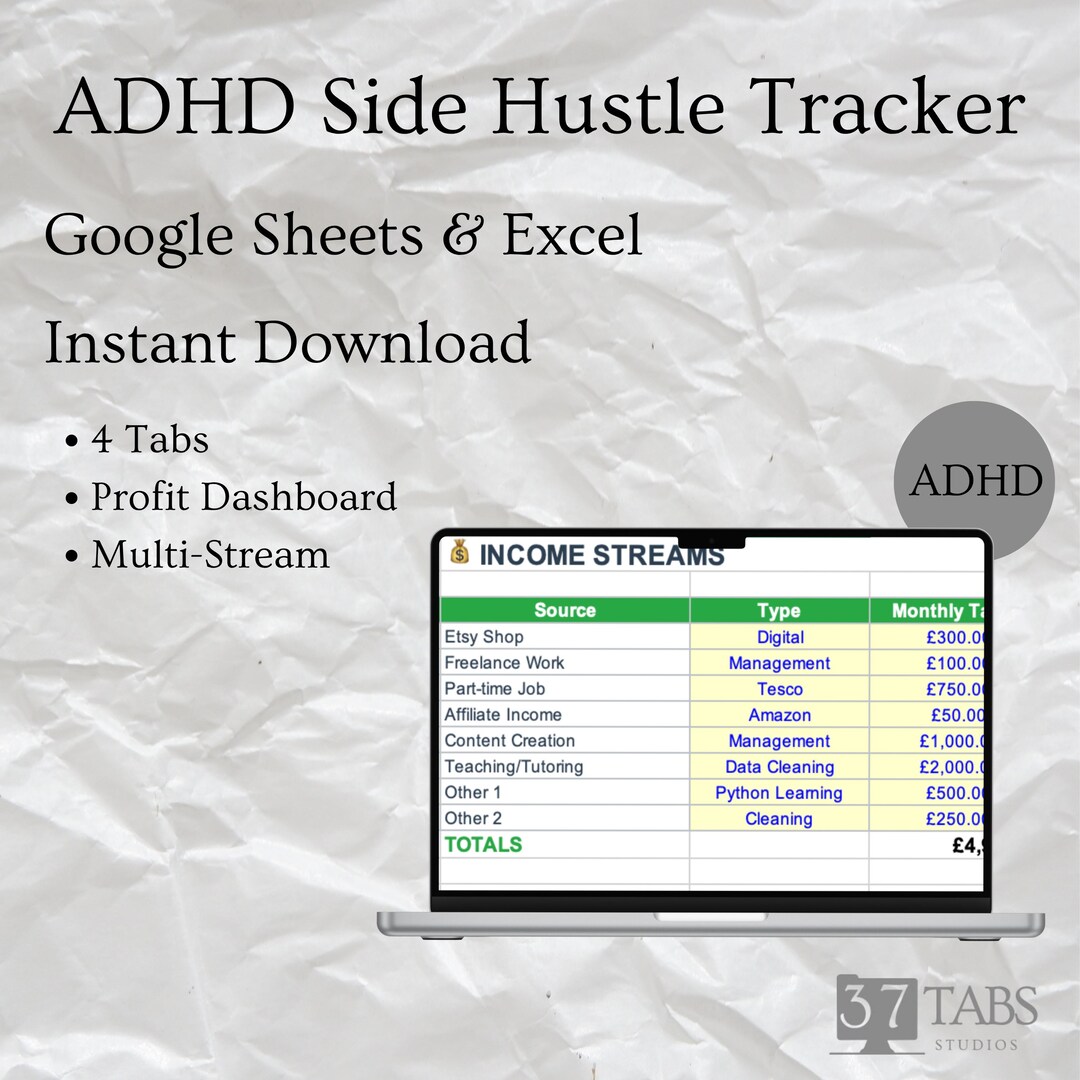 ADHD Side Hustle Income Tracker Google Sheets, Multiple Income ...