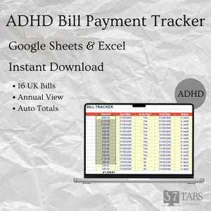 Könnte beinhalten: Ein Laptop-Bildschirm zeigt eine ADHD-Rechnungszahlungs-Tracker-Tabelle. Der Text enthält "Google Sheets & Excel" und "Sofort-Download". Der Tracker zeigt britische Rechnungen, Jahresansicht und automatische Summen. Der Gesamtbetrag beträgt £1.709,81.