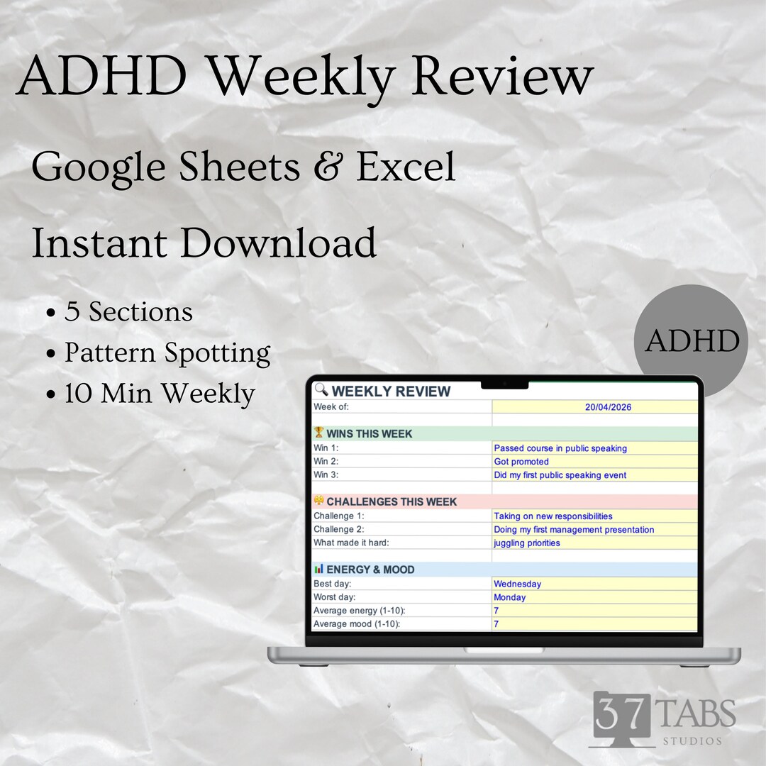 Adhd Reading Pattern ADHD Weekly Review Template Google Sheets, Weekly Reflection Planner ...