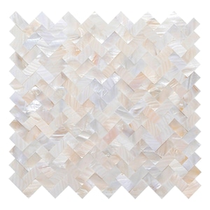 May include: A square mosaic tile sheet featuring a herringbone pattern composed of small, rectangular, iridescent mother-of-pearl pieces. The tiles display a natural colour palette of creamy white, soft beige, and pale pink with a glossy finish.
