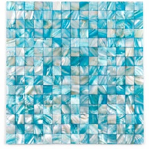 May include: Square mosaic tile with a repeating pattern of small, square tiles. The tiles are a mix of blue, white, and iridescent colors, creating a shimmering effect. The mosaic is likely made of mother-of-pearl or a similar material.