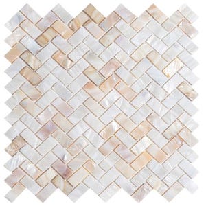 Azulejo de nácar en espiga: elegante mosaico de conchas para tocador y baño tipo spa.