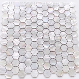 May include: A square mosaic tile sheet composed of numerous hexagonal tiles. Each tile has a pearlescent white finish, creating a shimmering effect. The tiles are arranged in a honeycomb pattern, suitable for various design applications.