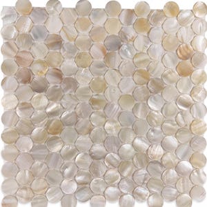 May include: A square mosaic tile sheet composed of numerous iridescent, round, mother-of-pearl tiles. The tiles vary in color, with shades of white, cream, and tan. The mosaic has a smooth, polished appearance, suitable for decorative applications.
