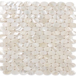May include: A rectangular mosaic tile sheet composed of numerous small, circular, iridescent white mother-of-pearl shell pieces arranged in a uniform grid pattern, each displaying a natural, glossy, and slightly varied pearlescent finish.