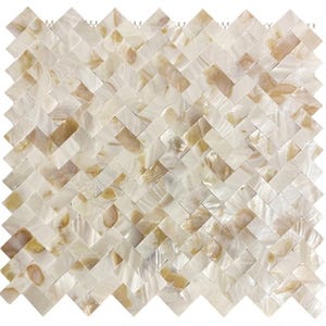 May include: A square mosaic tile sheet featuring a herringbone pattern composed of small, rectangular pieces of iridescent mother-of-pearl. The tiles display a natural color palette of creamy white, soft beige, and light golden brown tones.