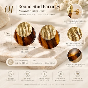 May include: Round stud earrings featuring a textured gold-tone circular top piece layered over a larger, smooth, dark amber-toned circular base. The earrings measure 3.2 cm by 2.8 cm, weigh 5.2 grams per pair, and include S925 sterling silver posts.