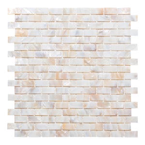 May include: A rectangular mosaic tile sheet composed of small, horizontally oriented, iridescent white and cream-colored mother-of-pearl brick-shaped pieces arranged in a staggered running bond pattern with visible thin grout lines between each tile.