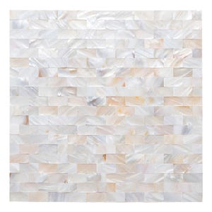 May include: A square mosaic tile sheet composed of small, rectangular mother-of-pearl pieces. The tiles feature an iridescent finish with varying shades of white, cream, and soft beige, arranged in a horizontal brick-like pattern across the surface.