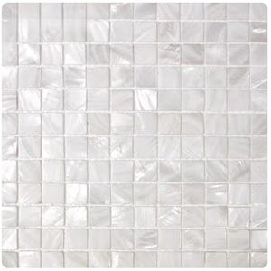 May include: A close-up of a mosaic tile pattern. The tiles are small, square, and a pearlescent white color. The tiles are arranged in a grid pattern, with thin white grout lines separating them. The overall effect is a shimmering, textured surface.