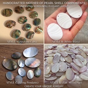 Pode incluir: Componentes de madrepérola feitos à mão em quatro estilos: cabochons de abalone iridescente, peças ovais brancas onduladas com furos, pingentes cinza-escuros e uma grande pilha de contas de concha ovais pálidas para joalheria.