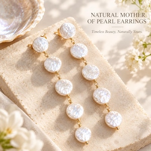 May include: Dangle earrings featuring five circular natural mother of pearl discs connected by thin gold-toned metal links. The text "NATURAL MOTHER OF PEARL EARRINGS" and "Timeless Beauty, Naturally Yours." is printed in the upper right corner.