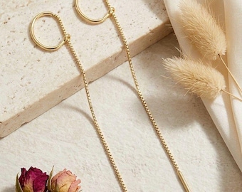 Dainty Tassel Drop Earrings, Minimalist Gold Threader Earrings, Elegant Long Chain Earrings for Women, Everyday Jewelry Gift For Her