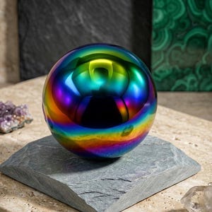 May include: A smooth, spherical object with a reflective, iridescent rainbow finish that displays a spectrum of vibrant colours. The sphere is positioned centrally on a flat, square-shaped piece of grey slate with a rough, natural texture.