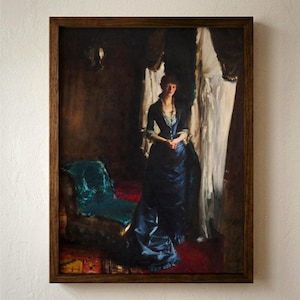 May include: A framed oil painting depicting a figure in a long, dark blue gown standing in a dimly lit room. The scene features a bright turquoise chair, heavy white curtains, and a deep red floor covering, all enclosed in a dark wooden frame.