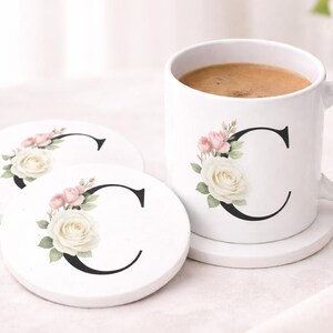 Personalized Floral Initial Mug and Coaster Set | Custom Ceramic Coffee Cup