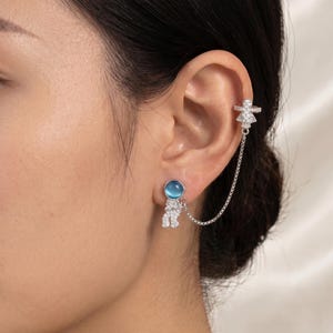 Astronaut en raketoorbellenset, sierlijke Celestial-oormanchet en -stekker, ruimtethema-sieraden, Aesthetic Galaxy-oorbellen, 925 zilveren stift