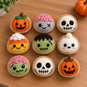 Peut inclure: Neuf ornements ronds au crochet présentant des motifs sur le thème d'Halloween, notamment des citrouilles, des crânes, un monstre vert, un personnage au cerveau rose et un fantôme. Chaque pièce est faite de fil coloré sur une base beige.