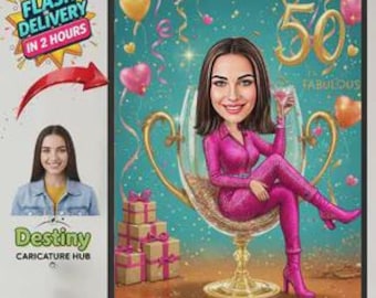 Caricatura de aniversário de 50 anos • Retrato personalizado, roupa rosa