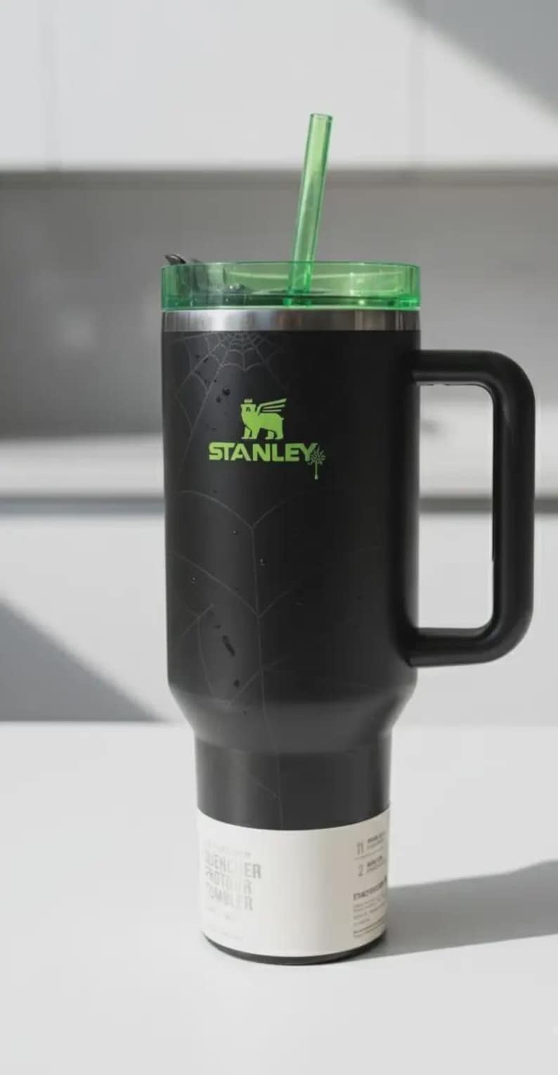 Pode incluir: Caneca Stanley Quencher preta com tampa e canudo verdes. A caneca tem uma al&ccedil;a e um design de teia de aranha. O logotipo da Stanley &eacute; verde. Uma etiqueta branca est&aacute; na parte inferior da caneca.