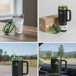 Pode incluir: Caneca Stanley preta e verde com al&ccedil;a e canudo. A caneca tem uma tampa verde e o logotipo da Stanley. Um copo de &aacute;gua e a caixa da caneca tamb&eacute;m s&atilde;o mostrados.