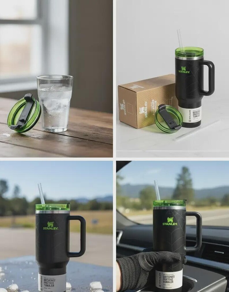 Pode incluir: Caneca Stanley preta e verde com al&ccedil;a e canudo. A caneca tem uma tampa verde e o logotipo da Stanley. Um copo de &aacute;gua e a caixa da caneca tamb&eacute;m s&atilde;o mostrados.