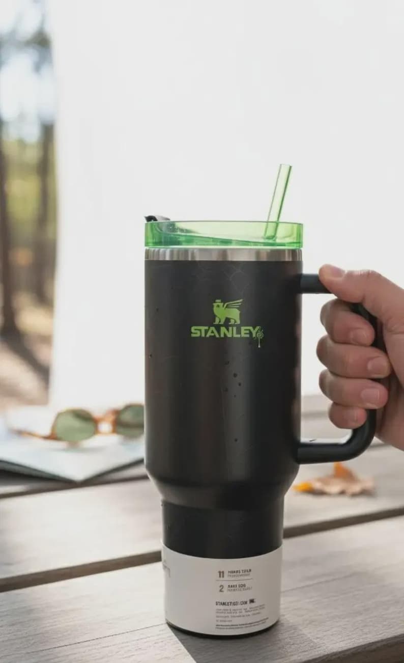 Pode incluir: Caneca Stanley preta com tampa e canudo verdes. A caneca tem uma al&ccedil;a e o logotipo Stanley em verde. A caneca est&aacute; em uma mesa de madeira ao ar livre.