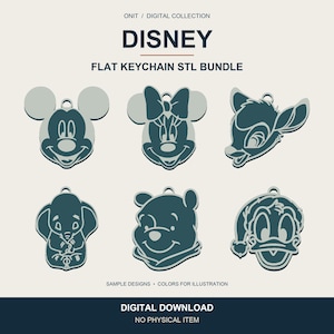 Könnte beinhalten: Eine digitale Sammlung von sechs flachen Schlüsselanhänger-Designs mit Disney-Figuren wie Mickey Maus, Minnie Maus, Bambi, Dumbo, Winnie Puuh und Donald Duck. Der Text lautet ONIT / DIGITAL COLLECTION DISNEY FLAT KEYCHAIN STL BUNDLE.