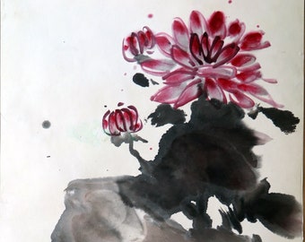 Original ink and pigment painting of a rock and chrysanthemum on mulberry paper