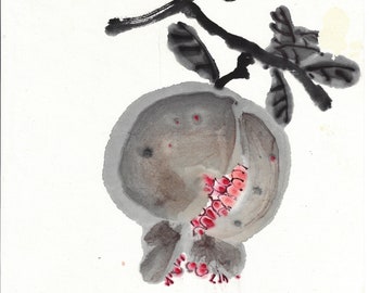 Original zen painting ink and pigment pomegranate on mulberry paper