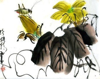 Original Chinese style ink painting of katydid on a squash plant with flower
