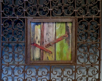 Original oil painting of a rusted lock set into a handcrafted iron frame