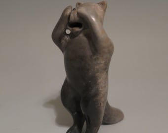 Crying Cat with Hands Over Eyes Pit Fired Ceramic Bell